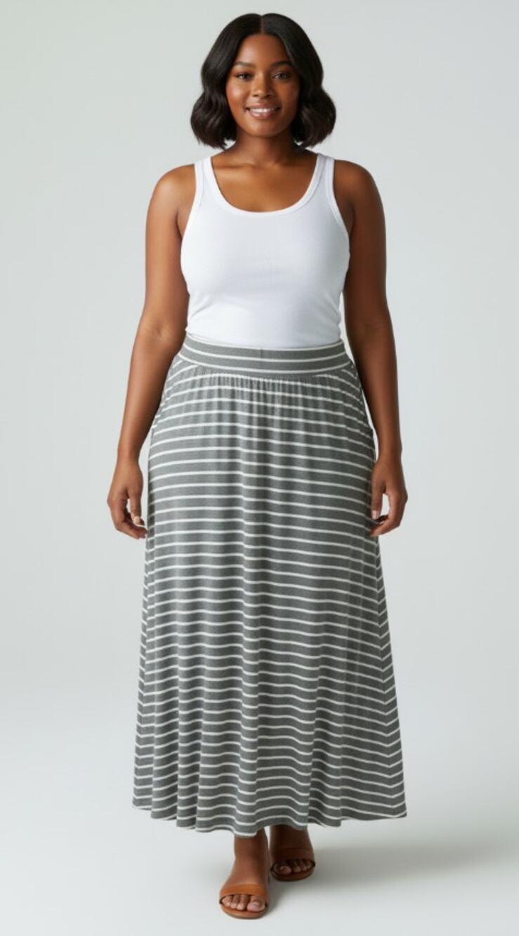 COLDWATER CREEK GRAY WHITE STRIPED JERSEY MAXI SKIRT POCKETS NWT WOMENS SIZE 2X